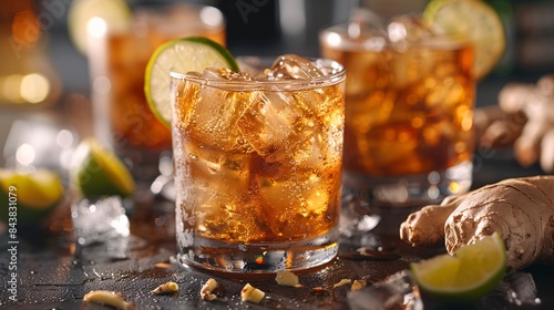 Refreshing Iced Cocktails with Lime and Ginger on a Dark Background - Perfect for Summer Parties and Beverage Promotions © owen