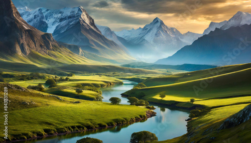 Fantasy landscape, sunset, mountains and a grassy meadow, illustration.