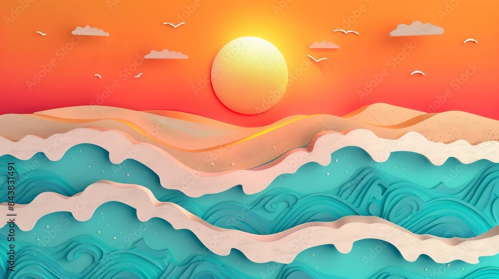 Create an illustration of a beach scene using a paper cut out style. Include a large setting sun, rolling waves, and seagulls. The color palette should be warm and inviting.