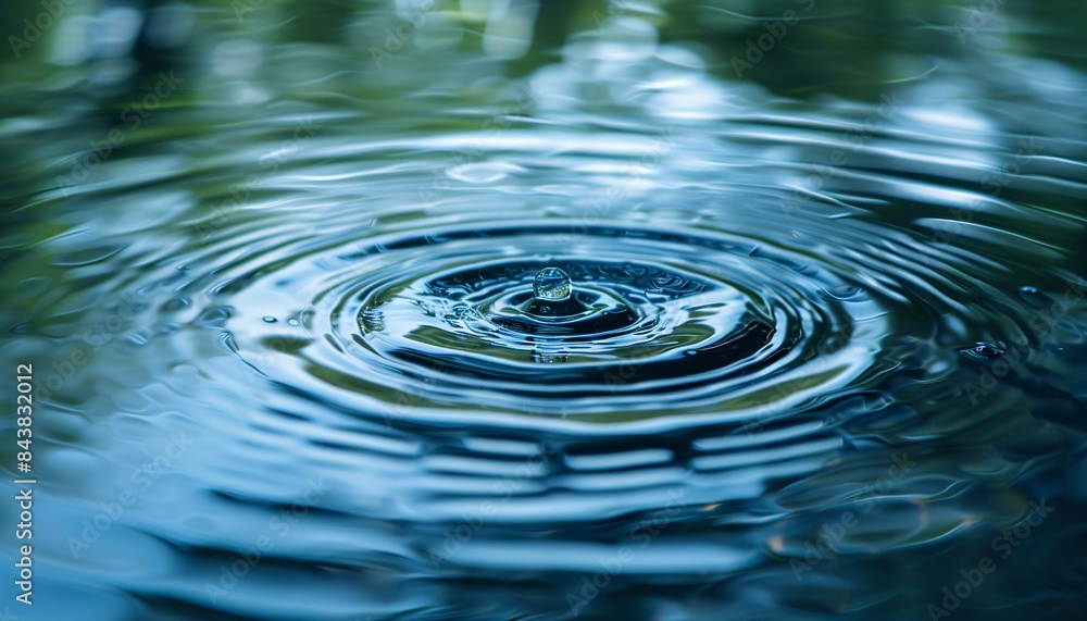 Close-Up of Water Droplet Creating Ripples on a Calm Surface with Reflections of Greenery in the Background, Capturing the Tranquility and Beauty of Nature in a Serene Moment