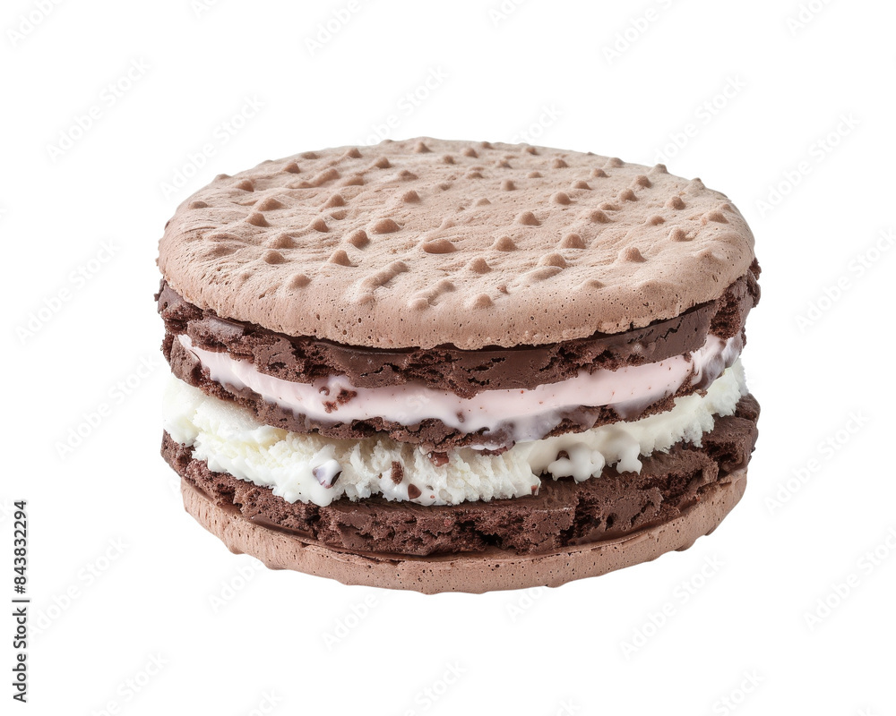 A close-up of a chocolate and vanilla ice cream sandwich with chocolate cookie wafers. A close-up of a chocolate and vanilla ice cream sandwich with chocolate cookie wafers.