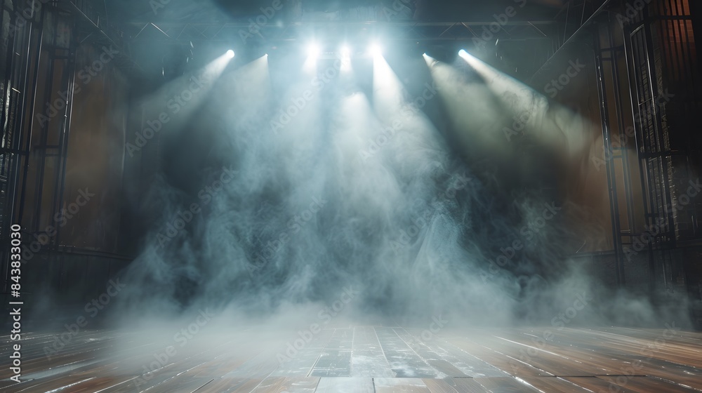 Fototapeta premium Empty stage illuminated by lights reaching the audience