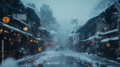 Snowflakes falling gently in a quiet town