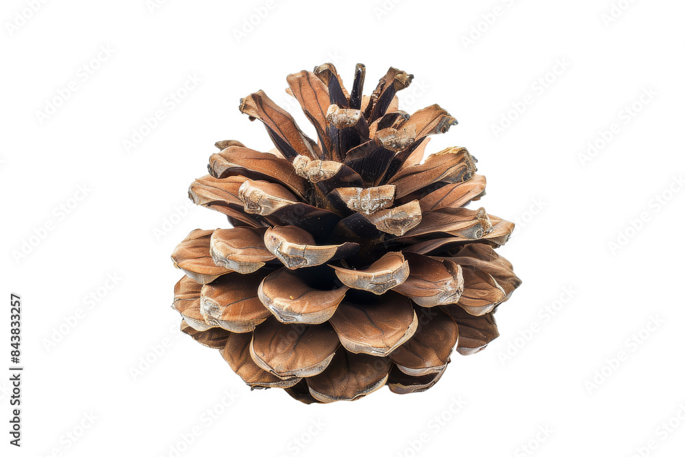 A close-up of a single brown pine cone isolated on a white background. A close-up of a single brown pine cone isolated on a white background.