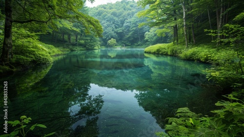 A serene landscape photo of a crystal-clear lake surrounded by lush greenery, perfect for a nature walk.
