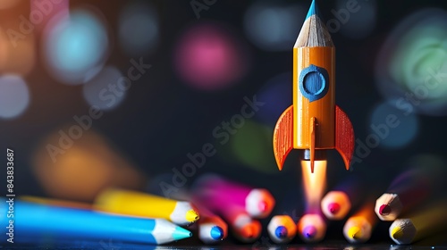 Vibrant pencils forming a rocket shape, highlighted by a dynamic rocket outline on an isolated background