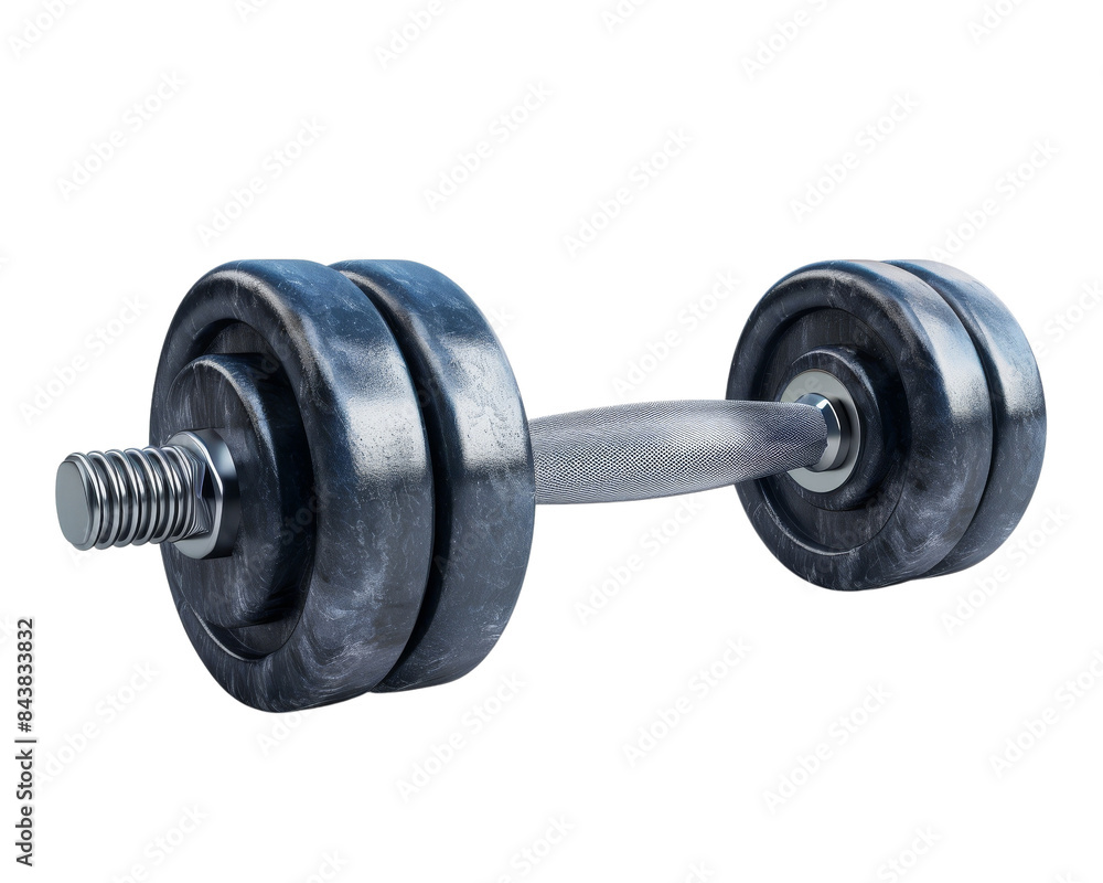 Fototapeta premium A close-up shot of a chrome dumbbell isolated on a black background. The weight plates are made of metal with a textured surface.