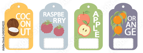 Set of labels, price tags of fruit posters in a bright minimalistic style.