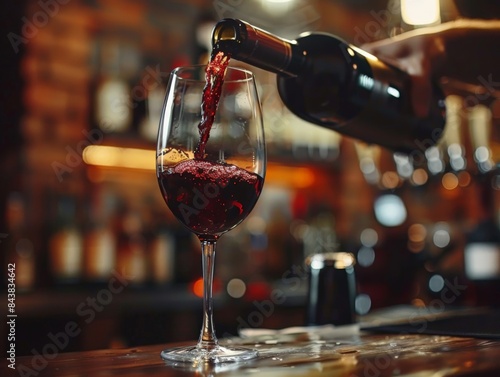 A Bartender pouring red wine into glass indoors, closeup