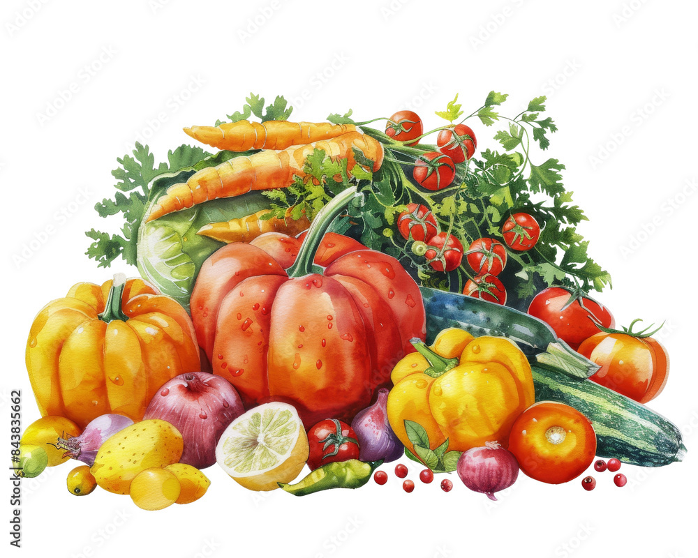 A colorful still life of fresh vegetables, including pumpkins, tomatoes, carrots, zucchini, peppers, and lemons. A colorful still life of fresh vegetables, including pumpkins, tomatoes, carrots, zucchini, peppers, and lemons.