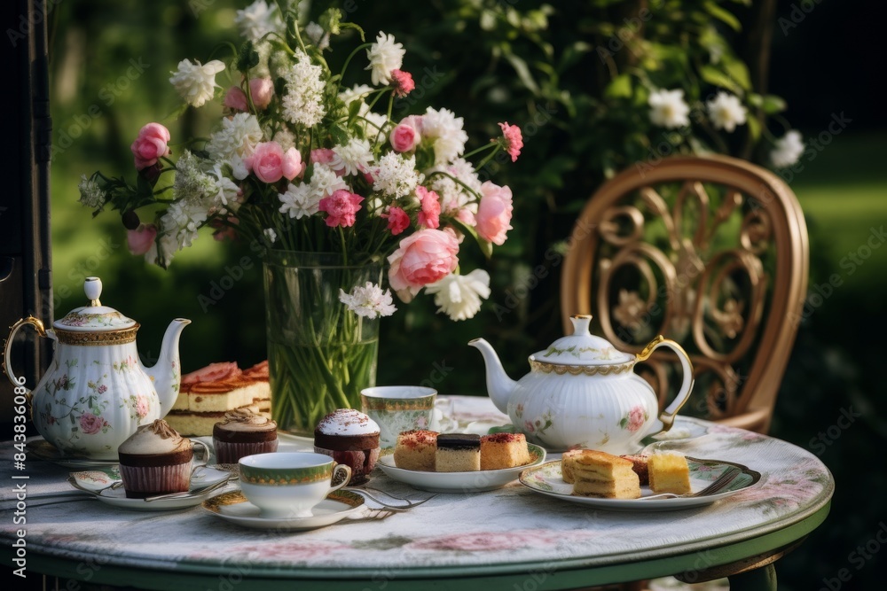 Fototapeta premium Traditional Tea Time Elegance With Pastries And Floral Arrangements. Generative AI