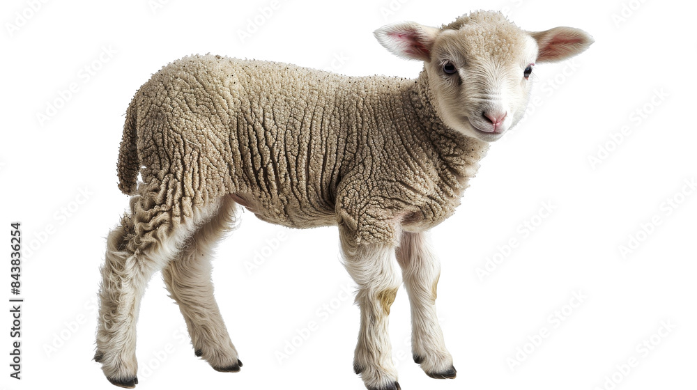Fototapeta premium A cute, fluffy lamb stands on a white background, looking directly at the viewer.
