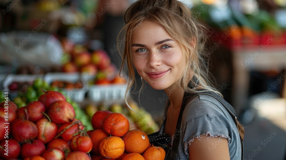 young woman arranging fruit and vegetables on a shelf for sale