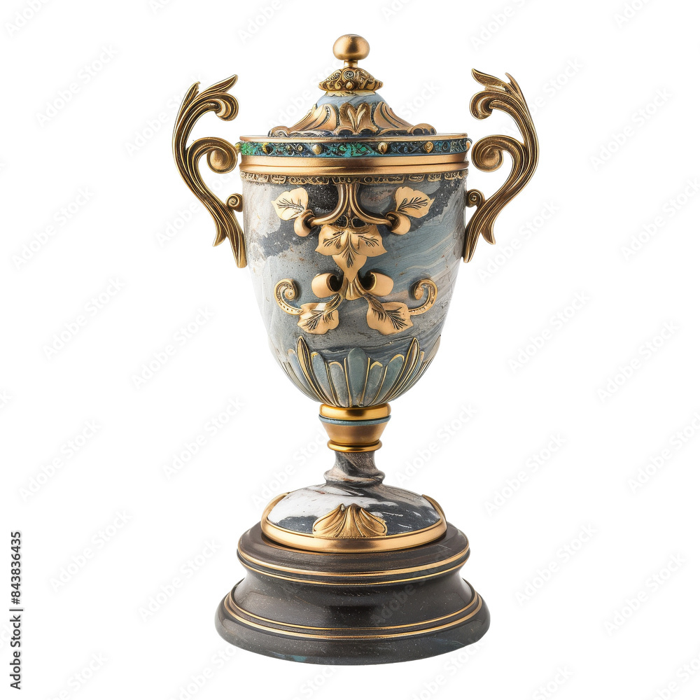 A decorative, ornate golden and marble trophy cup. A decorative, ornate golden and marble trophy cup.