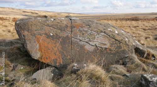An oddlyshaped boulder halfburied in the ground its exposed section revealing a network of deep fissures from frost wedging. photo