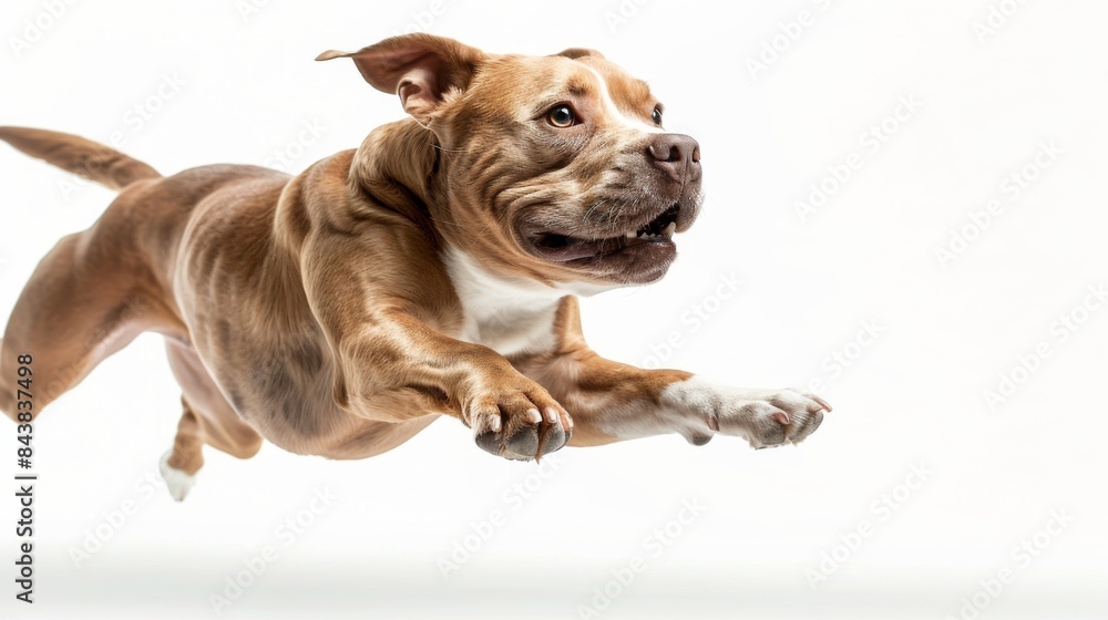 A super dog leaping forward, paws outstretched, isolated on a white background A super dog leaping forward, paws outstretched, isolated on a white background