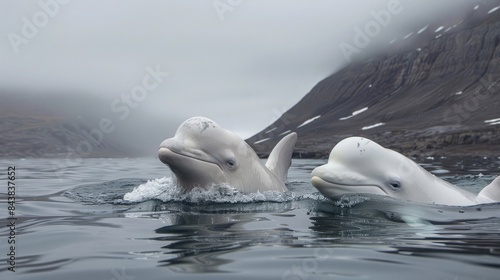 Beluga whales surfacing Arctic bay, white bodies curious expressions.