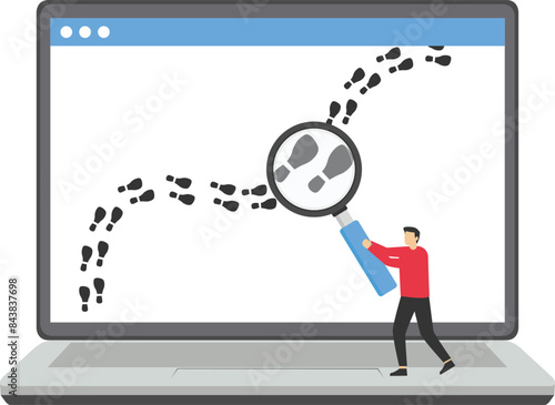 Website visitor tracking or digital footprint, analyze user behavior or track bounce rate concept, businessman detective using magnifying glass to track visitor footpath on laptop computer.

