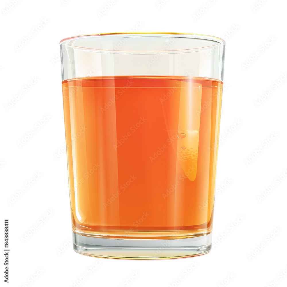 A glass of amber liquid, possibly juice or tea, sits against a white background. A glass of amber liquid, possibly juice or tea, sits against a white background.