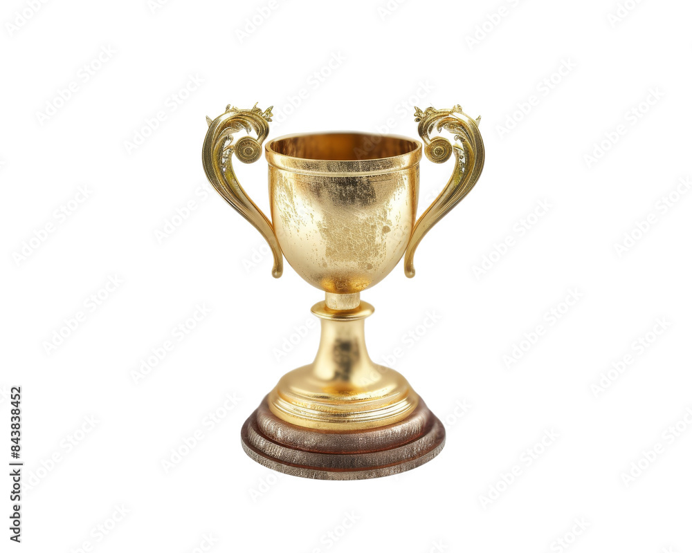 A gleaming golden trophy with ornate handles stands tall on a circular base. A gleaming golden trophy with ornate handles stands tall on a circular base.