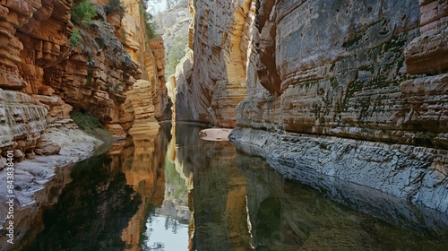 A narrow waterway is bridged by a tall and sy rock formation creating a peaceful and scenic spot for nature lovers.