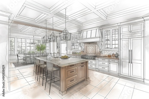 A hand-drawn sketch of a kitchen remodel, showcasing a spacious layout with an island, pendant lighting, and cabinetry. photo