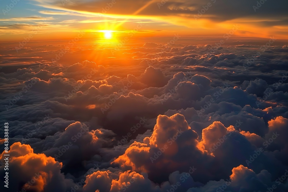 The sun sets, casting a colorful glow over billowing clouds in the sky. The sun sets, casting a colorful glow over billowing clouds in the sky.