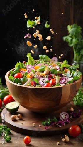 A wooden bowl with salad ingredients floating in the air. © UZAIR