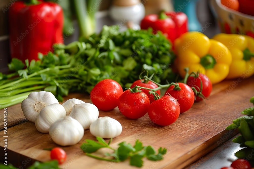 A close-up view of fresh vegetables on a cutting board, including tomatoes, garlic, and peppers, ready for a delicious vegetarian meal. A close-up view of fresh vegetables on a cutting board, including tomatoes, garlic, and peppers, ready for a delicious vegetarian meal.