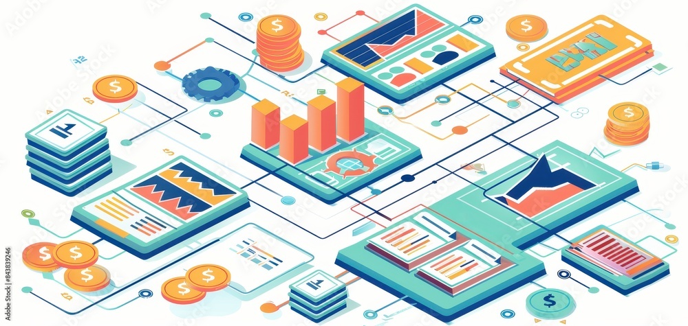 Data analysis and business statistics concept with charts, graphs, and financial elements visualized in isometric style. Data analysis and business statistics concept with charts, graphs, and financial elements visualized in isometric style.