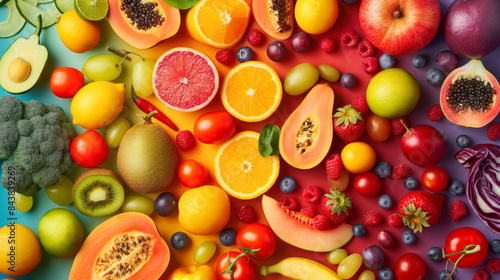 Bright  colorful assortment of summer fruits and vegetables neatly arranged on a modern kitchen table