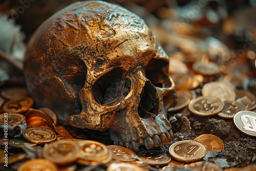 Treasure. Skull and gold coins. Finance Concept. Pirate's Treasure.