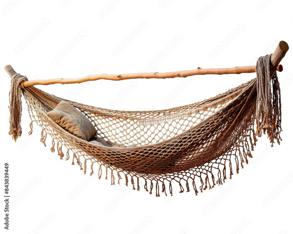 Obraz premium A hammock with fringe hangs between two wooden posts. A pillow sits inside the hammock.