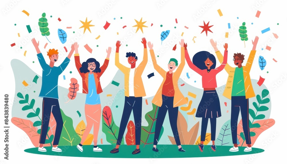 Group of happy diverse people celebrating with hands raised and confetti in outdoor setting, expressing joy and unity. Group of happy diverse people celebrating with hands raised and confetti in outdoor setting, expressing joy and unity.