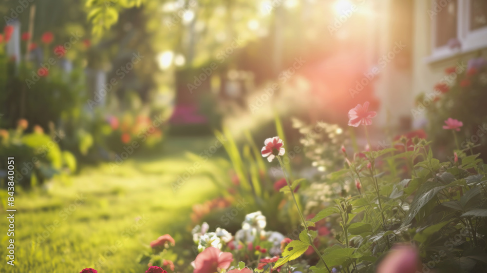 Fototapeta premium garden sunset light Flowers bloom and the backyard is lush in golden light.