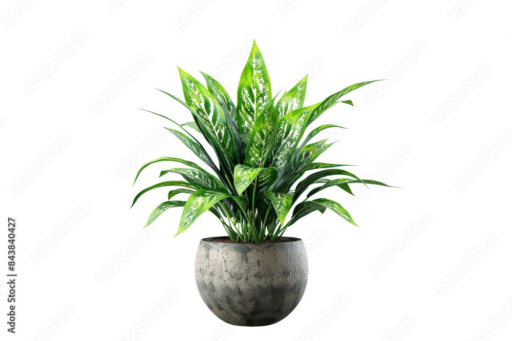 A lush green houseplant in a grey pot, isolated on a black background. The plant has long, narrow leaves and a bushy appearance. A lush green houseplant in a grey pot, isolated on a black background. The plant has long, narrow leaves and a bushy appearance.
