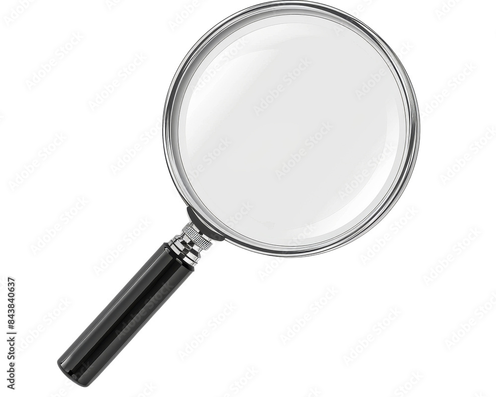 A magnifying glass with a black handle and a silver rim. The lens is clear and ready to magnify. A magnifying glass with a black handle and a silver rim. The lens is clear and ready to magnify.