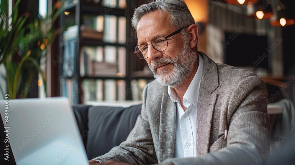 Middle-aged businessman working on a laptop computer in a modern office, small business owner focused on online tasks Middle-aged businessman working on a laptop computer in a modern office, small business owner focused on online tasks