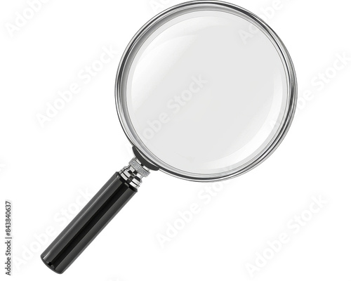 A magnifying glass with a black handle and a silver rim. The lens is clear and ready to magnify.