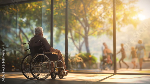 Elderly man sitting alone in wheelchair in room of retirement home. Looking out of window. Outside window people are coming together, enjoying outdoor activities and socializing © Mars0hod