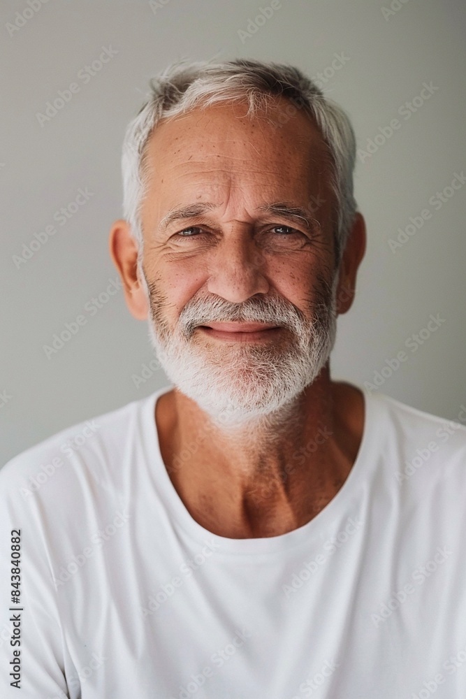 Smiling elderly man with casual gray hair, wearing a plain white t-shirt, white backdrop, room for text Smiling elderly man with casual gray hair, wearing a plain white t-shirt, white backdrop, room for text