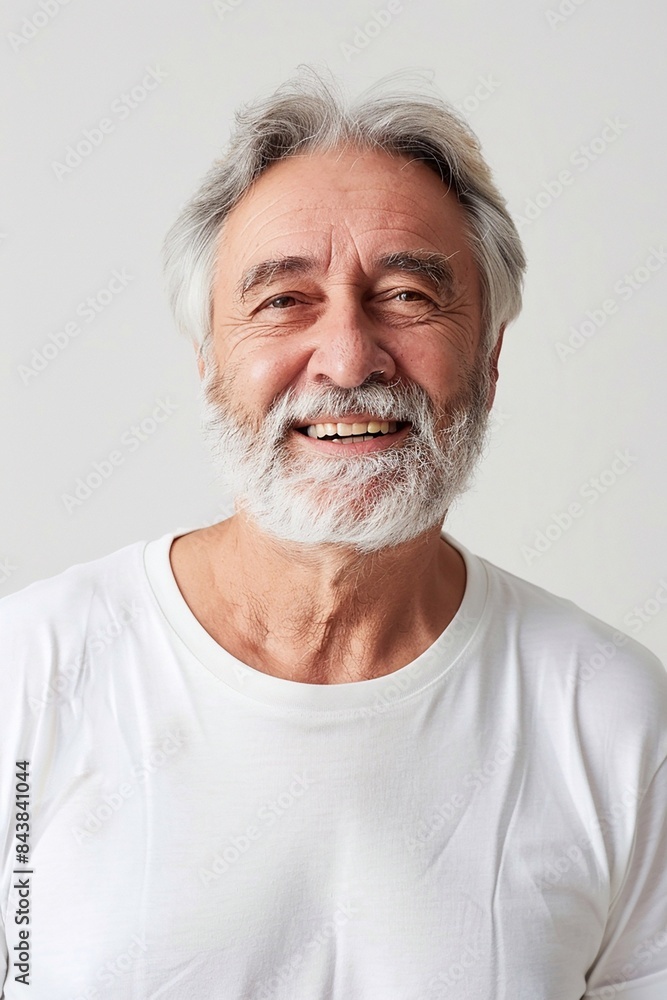Elderly man with gray hair, happy expression, casual white t-shirt, white background, room for text Elderly man with gray hair, happy expression, casual white t-shirt, white background, room for text