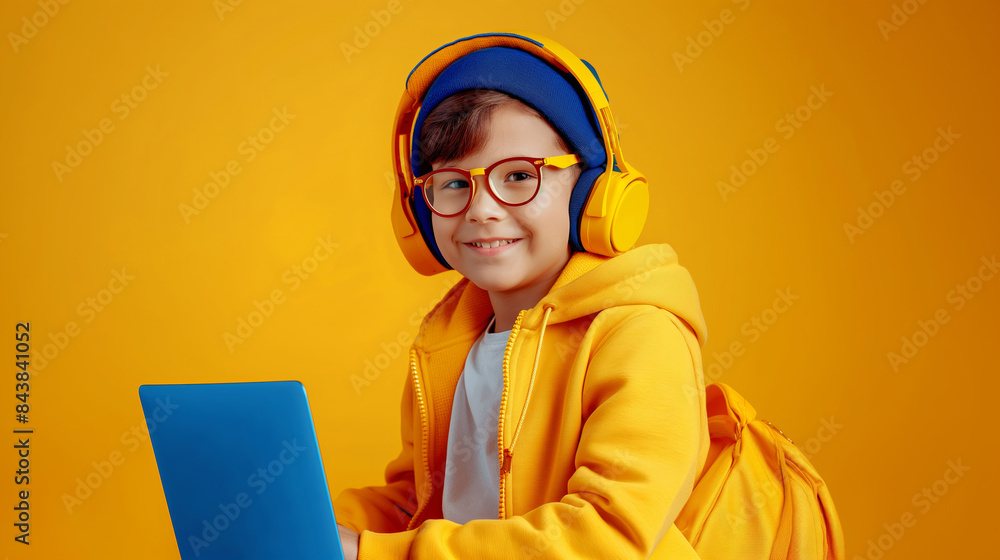 A young boy wearing glasses and a yellow hoodie is sitting in front of a laptop. a latin kid happy with glasses studying at home with laptop and headphones, champion sign, advertisment style A young boy wearing glasses and a yellow hoodie is sitting in front of a laptop. a latin kid happy with glasses studying at home with laptop and headphones, champion sign, advertisment style