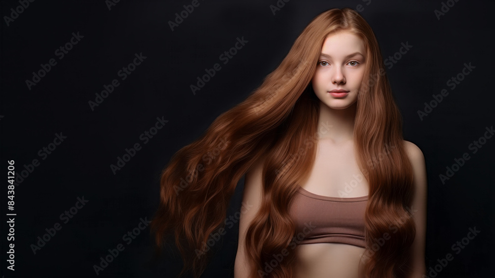 Studio portrait of a young female model with long auburn hair and wearing a sports bra. Copy space. Studio portrait of a young female model with long auburn hair and wearing a sports bra. Copy space.