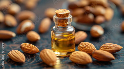 Glistening almond oil in a clear vial, surrounded by fresh almonds
