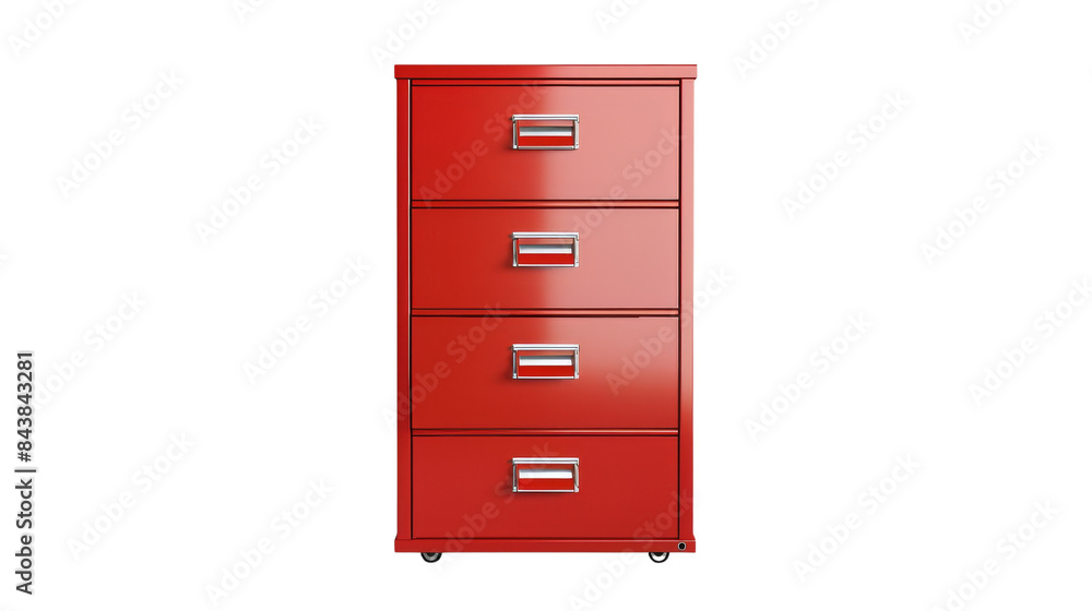A red metal filing cabinet with four drawers isolated on a black background. A red metal filing cabinet with four drawers isolated on a black background.