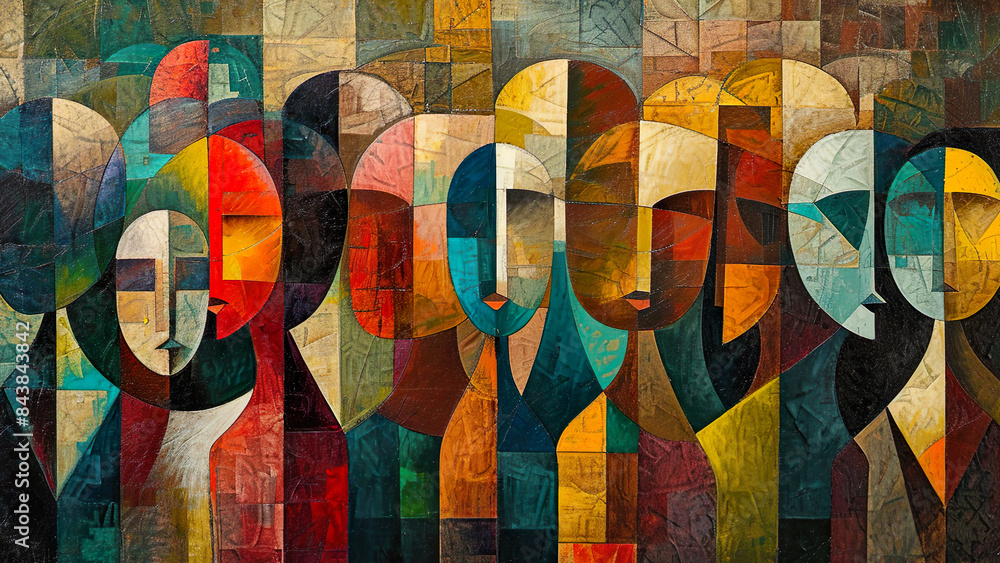 Fototapeta premium Spectators - Faces Painting, Minimalist Artwork, Crowd Art, Bold Colors, Cubism Painting