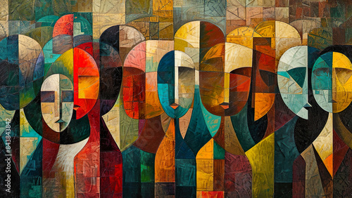 Spectators - Faces Painting, Minimalist Artwork, Crowd Art, Bold Colors, Cubism Painting