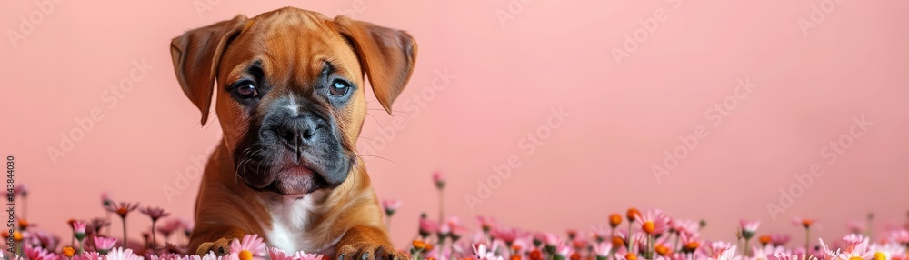 Adorable puppy with a curious expression lying on pink flowers against a peach-colored background, epitomizing cuteness and charm. Adorable puppy with a curious expression lying on pink flowers against a peach-colored background, epitomizing cuteness and charm.