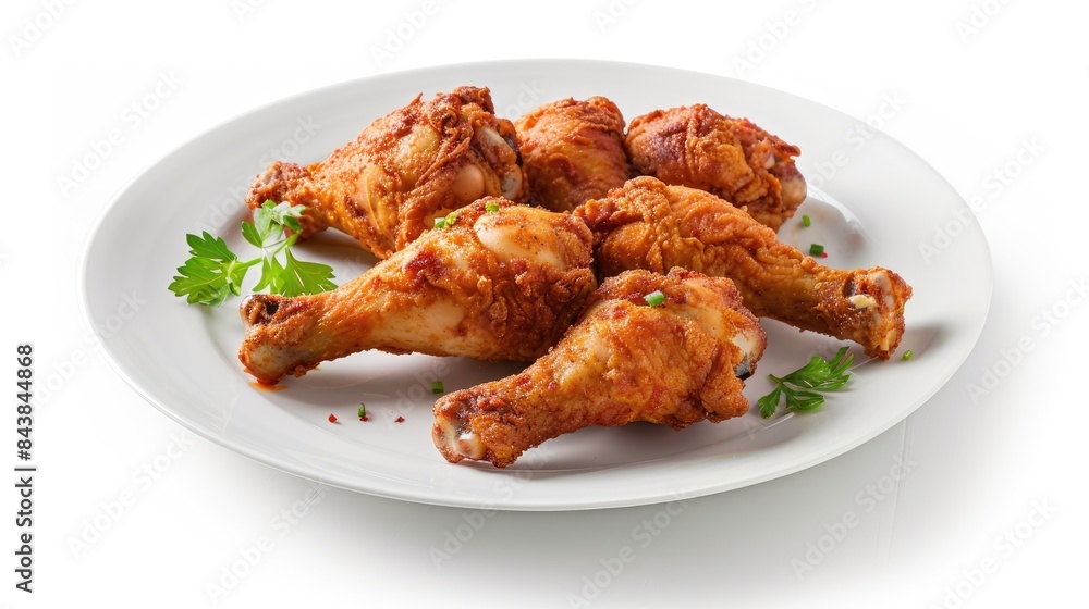 Isolated white plate with fried chicken drumsticks on a white background